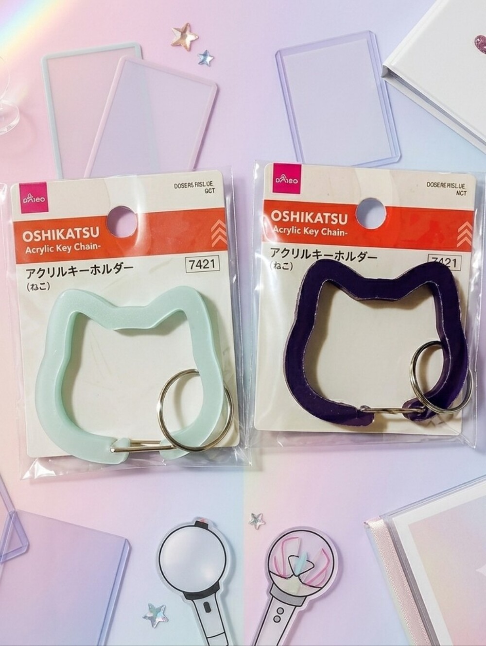 2 Daiso Oshikatsu Acrylic Bunny Carabiners NWT Light Mint Green & Purple